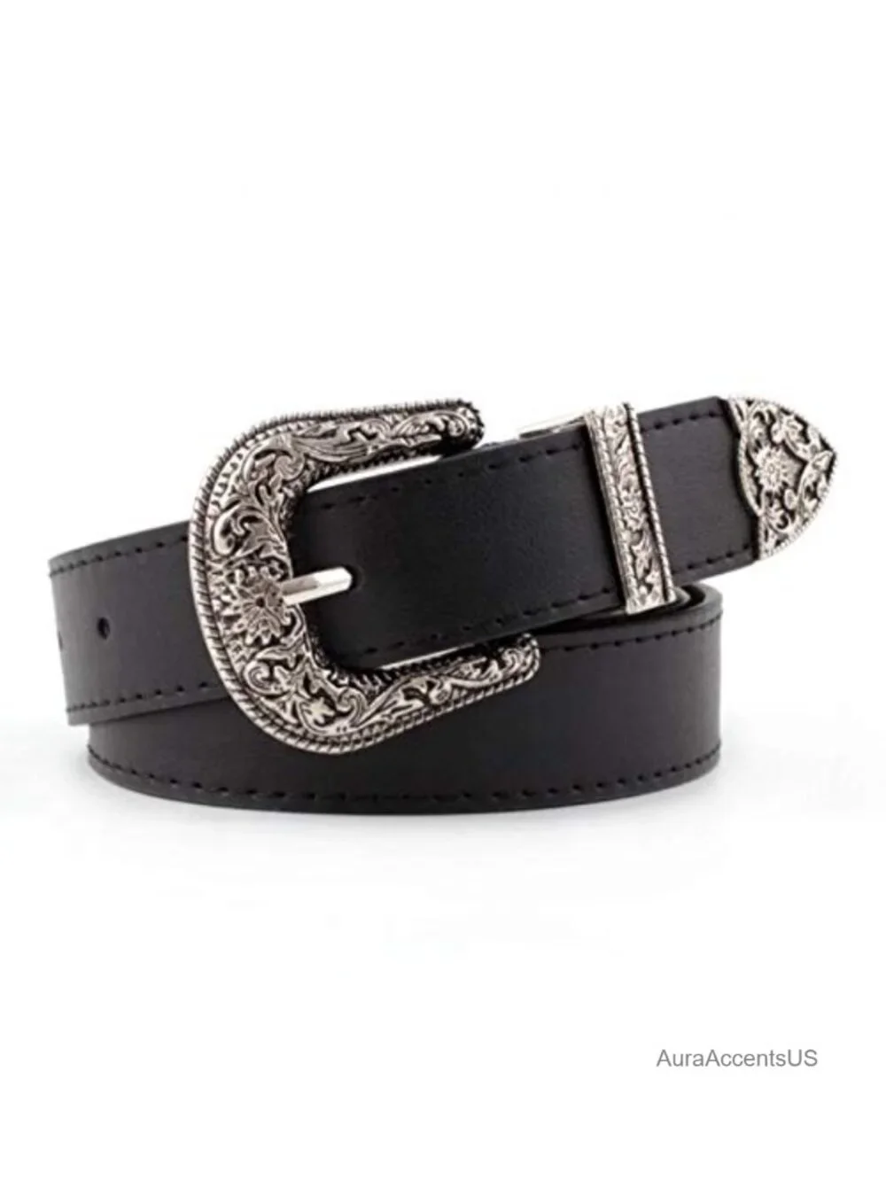 Faux Leather Vintage Western Belt with Hollow Out Floral Buckle